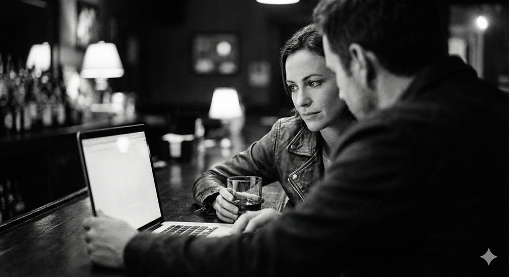 A woman at a bar, gaze fixed on a laptop screen beside her, reading what he's reading