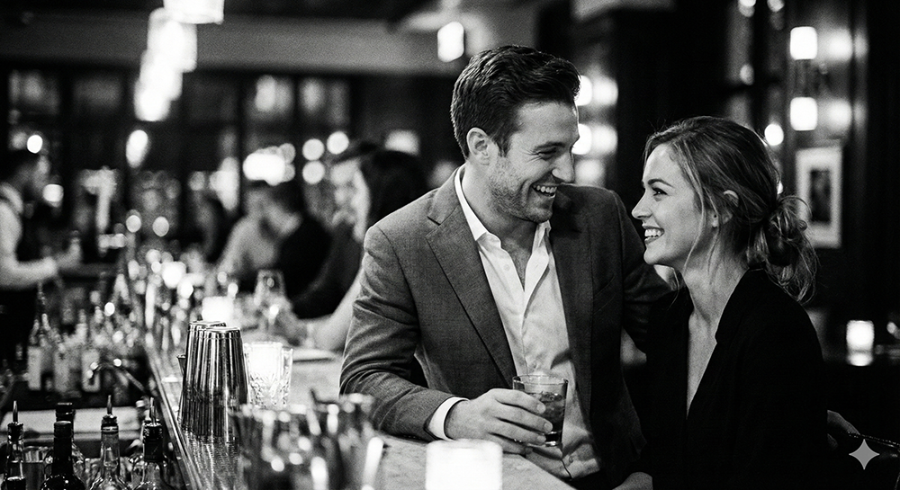 Two people connecting at a bar