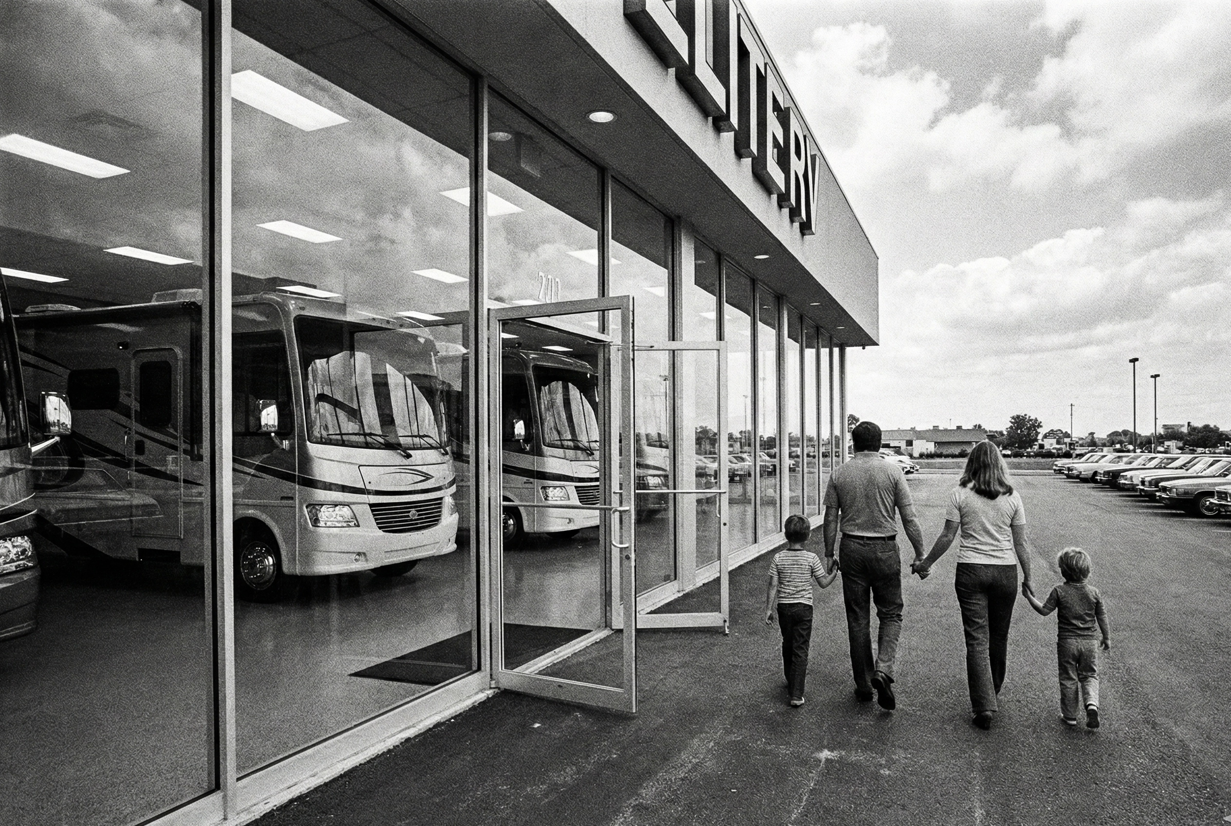 Family of four walking away from luxury RV dealership showroom - backs to camera, modern motorhomes visible through glass doors behind them
